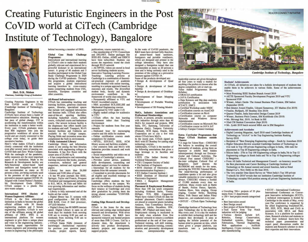Creating Futuristic Engineers in the Post CoVID world at CiTech (Cambridge Institute of Technology) , Bangalore
